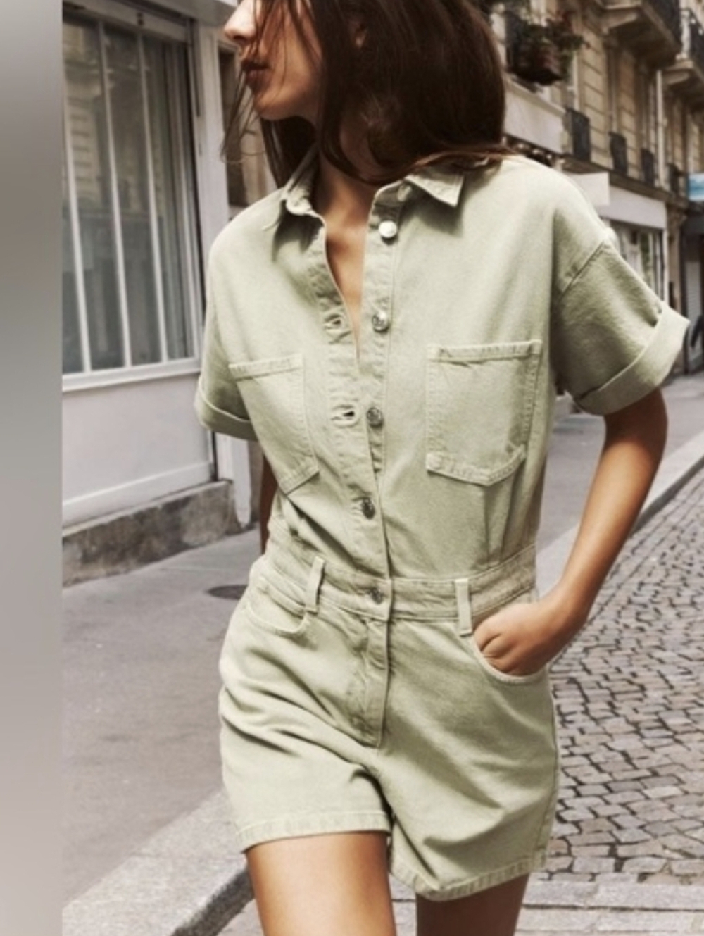 Zara Sz L Denim Snap Front Green  / Utility Short Jumpsuit
